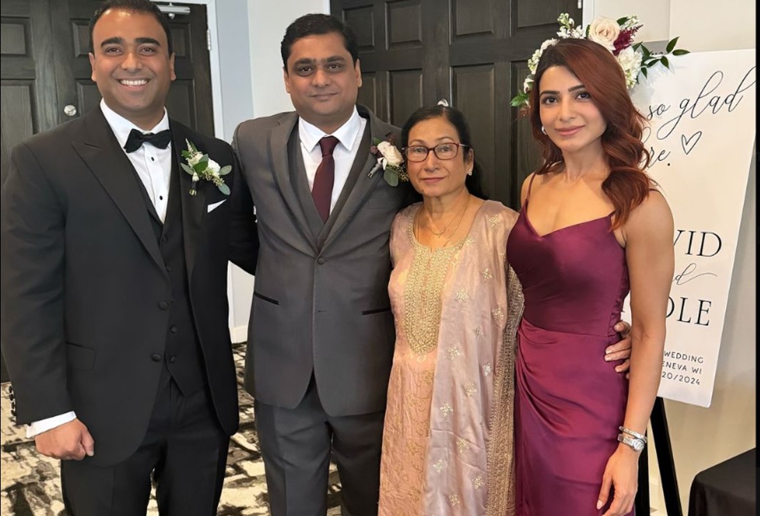 Samantha shines in purple gown at her brother David's wedding in US